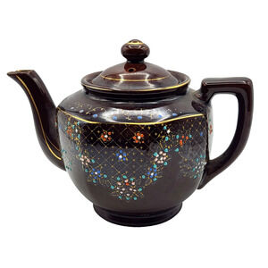 Vtg Hand Painted Teapot Redware Japan Moriage Brown Orange Blue Gold Trim 6.5x8